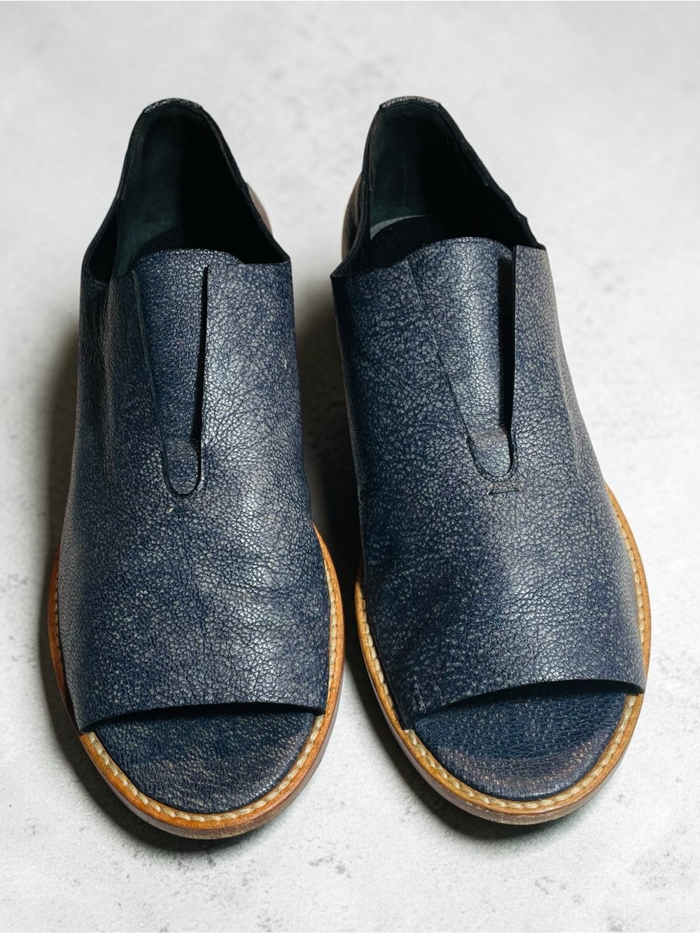 Zero + Maria Cornejo Textured Navy Blue Italian Leather Open-Toe Flats US Size 7